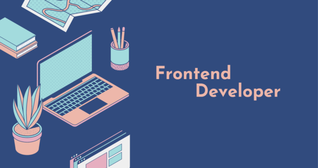 Ilustrasi pekerjaan frontend developer dengan laptop, browser, dan alat tulis di meja kerja