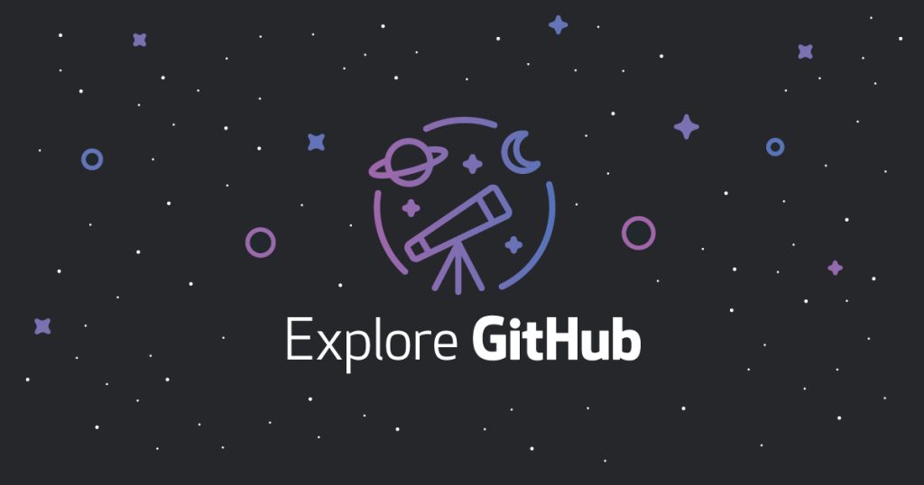 Ilustrasi bertema luar angkasa dengan teleskop, planet, dan bulan sabit berwarna gradasi ungu-biru di tengah, serta teks "Explore GitHub" di bawahnya dengan latar belakang gelap bertabur bintang.