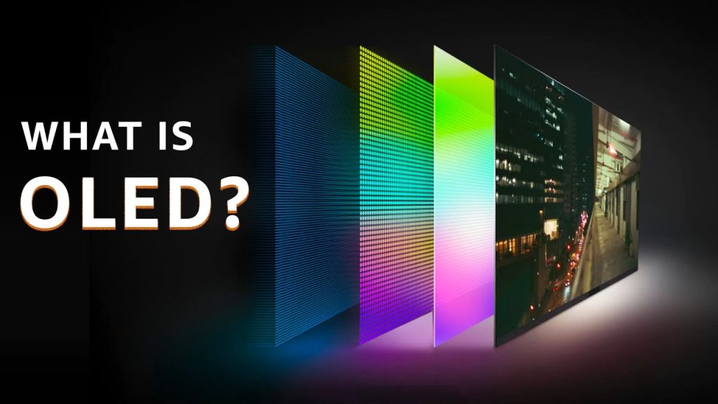 Gambar bertuliskan 'What is OLED?' menampilkan ilustrasi struktur layar OLED dengan beberapa lapisan berwarna biru, kuning, ungu, dan hijau yang mengarah ke layar