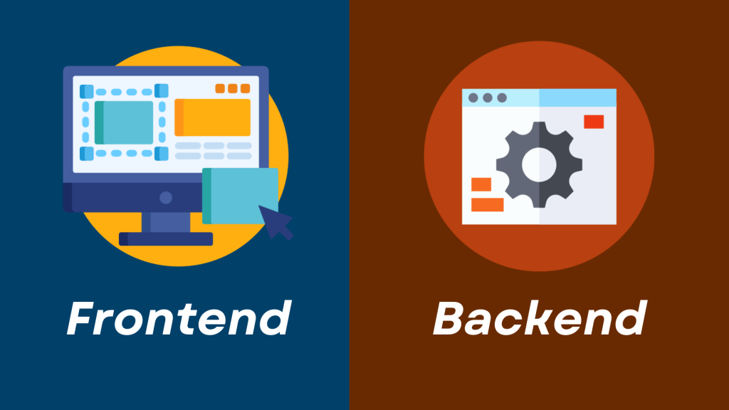 Perbedaan frontend dan backend dalam pengembangan web dengan ilustrasi ikon antarmuka dan sistem